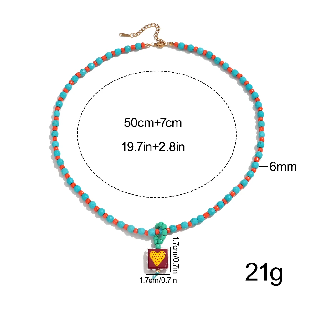 Niedliche kleine weiße türkisfarbene Perlen-Halskette mit Herz-Glasanhänger, exquisite Acryl-Perlen-Choker-Halskette, trendiges Schmuckgeschenk – Detail 2