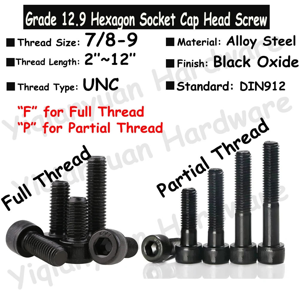 

7/8-9 UNC Thread DIN912 Grade 12.9 Alloy Steel Hexagon Socket Knurled Cap Head Bolts Allen Key Screws Full/Partial Threaded