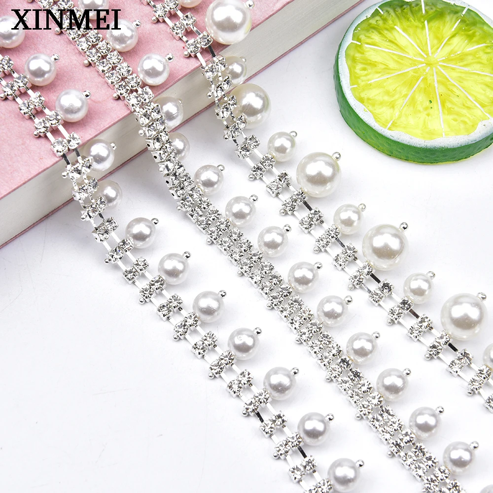 2 Rows Rhinestone Pearl Pendant Tassel Chain Bling Metal Ribbon Crystal Fringe Bridal Trim for Wedding Dress Shoes Accessories