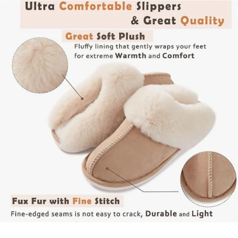 Womens Memory Foam Slippers Suede Fluffy Soft Warm Slip On Slippers Anti-Skid Cozy Plush Indoor and Outdoor Couple House Shoes
