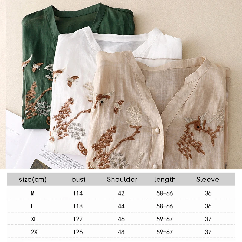 2023 New Cotton Linen Women's Shirts Summer Bird Tree Embroidery Chinese Style Blouses Loose Short Sleeves Top Vintage Clothing