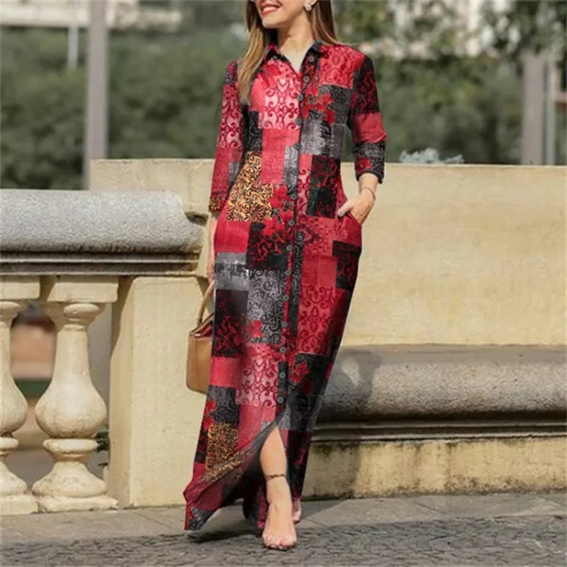 Women's Casual Patchwork Printed Loose Long Dress with Long Sleeves Lapel Buttons Fashion Party Ankle-Length Dresses