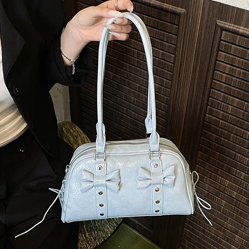 

Корейские сумки с бантом, осенние новые женские сумки большой вместимости с заклепками, универсальные сумки на одно плечо, темпераментная сумка для подмышек, синяя