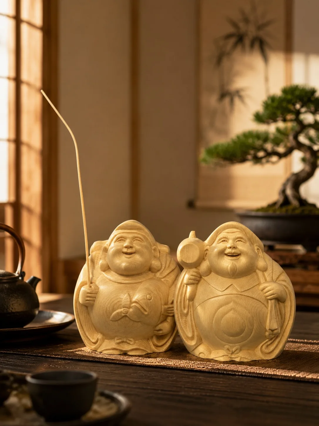 Hinoki Wood Hand Carved Ebisu and Daikokuten Statue for Traditional Asian Home Decor Lucky Seven Gods Zen Figurine Gift