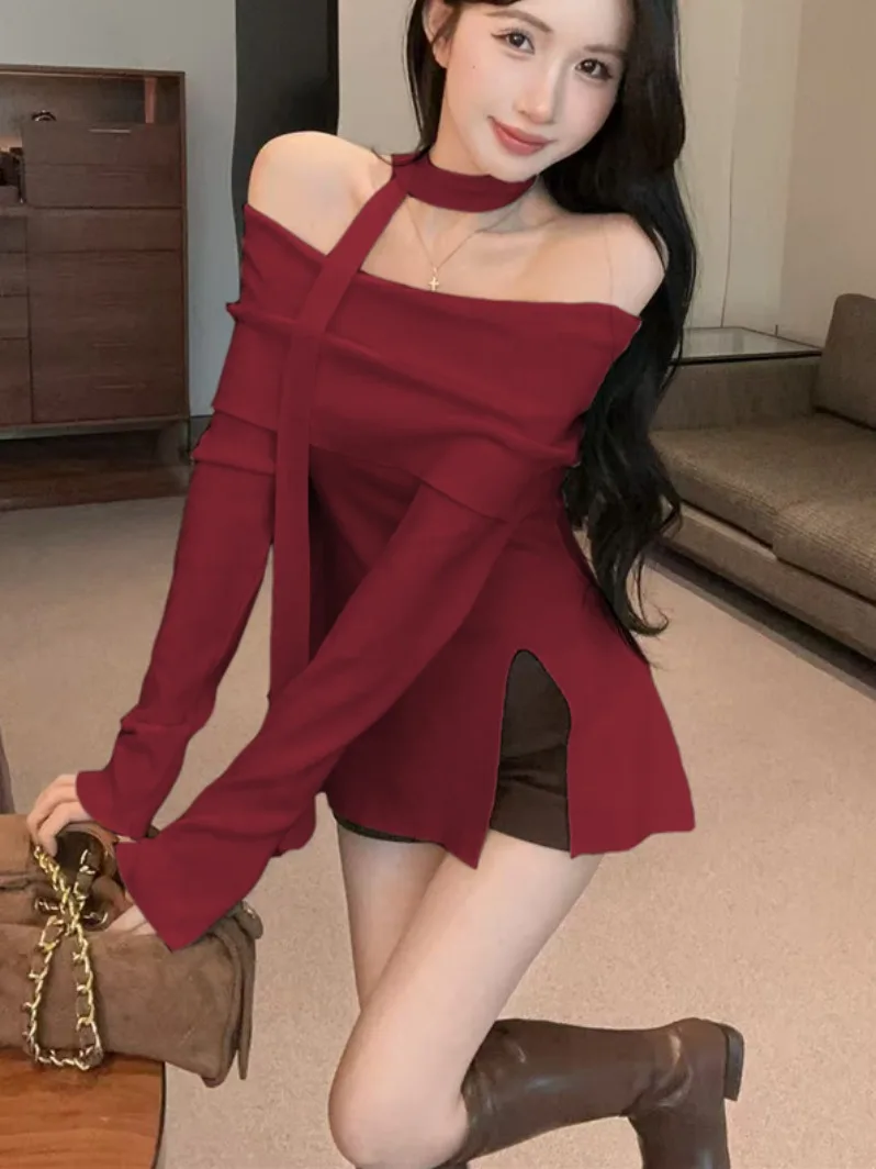 Herbst Winter Gestrickte Slim Fit T-shirt Overhead One oulder Lange Sve Reine Farbe Sexy Split mid Länge Französisch Sle Frauen...