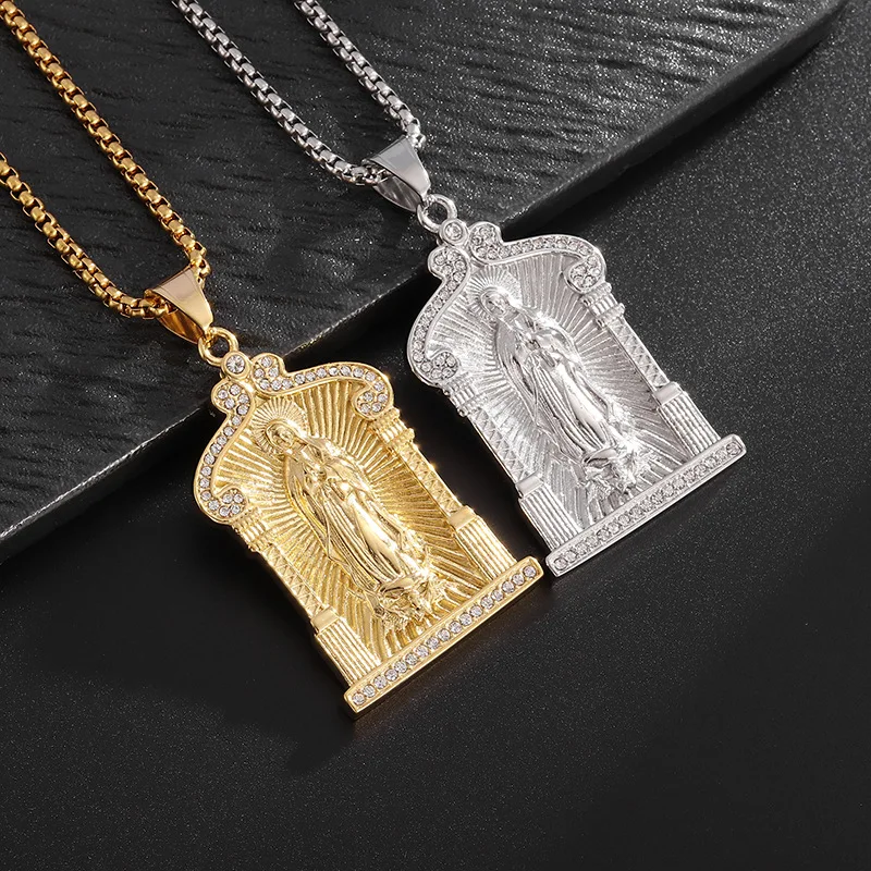 New Catholic Virgin Mary Stainless Steel Necklace with Rhinestone Religious Faith God Hip Hop Pendant Exquisite Party Gifts