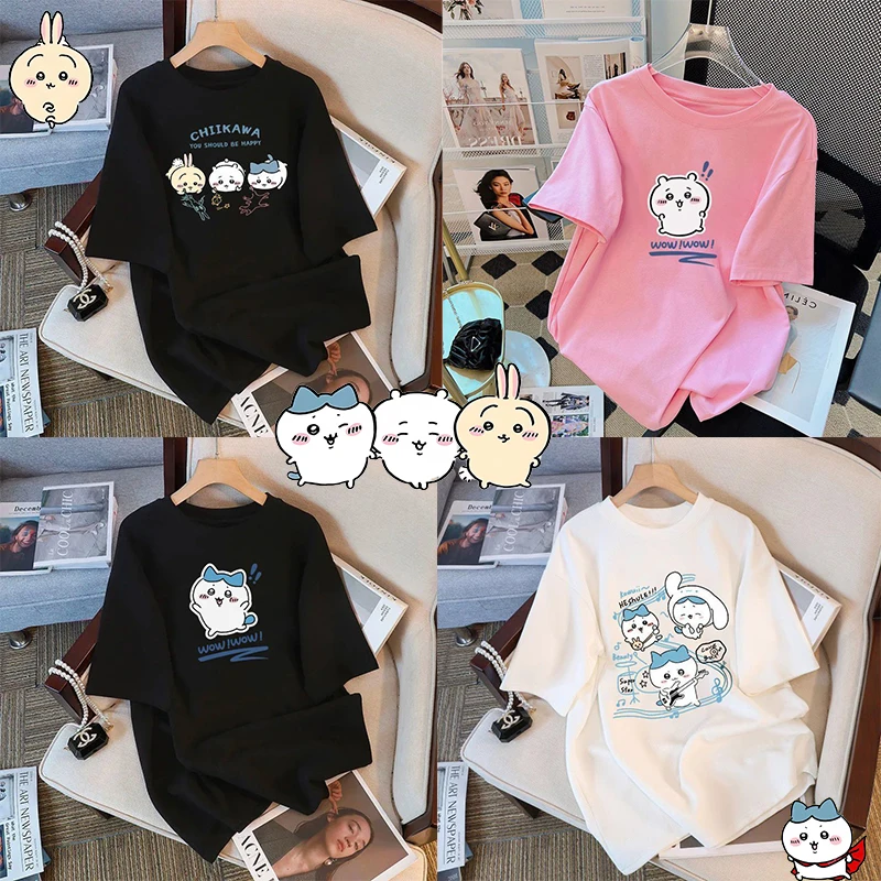 Chiikawa gril T-Shir Cartoon Print 100% Cotton Short Sleeve Round Neck Women T-Shirt Trendy Cute Loose Couple Outfits Fashion