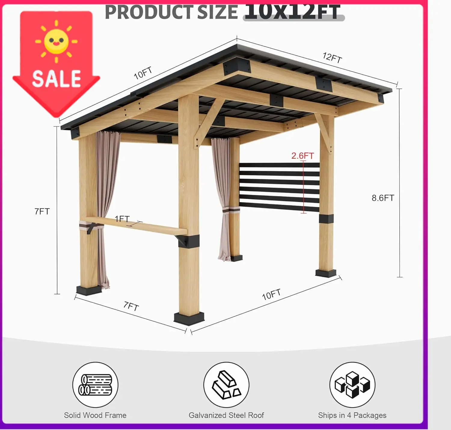 

Распродажа! Деревянная беседка 10' x 12' с жесткой крышей из кедра и металлическим покрытием, уличная, с занавесками, постоянный павильон для гриля.