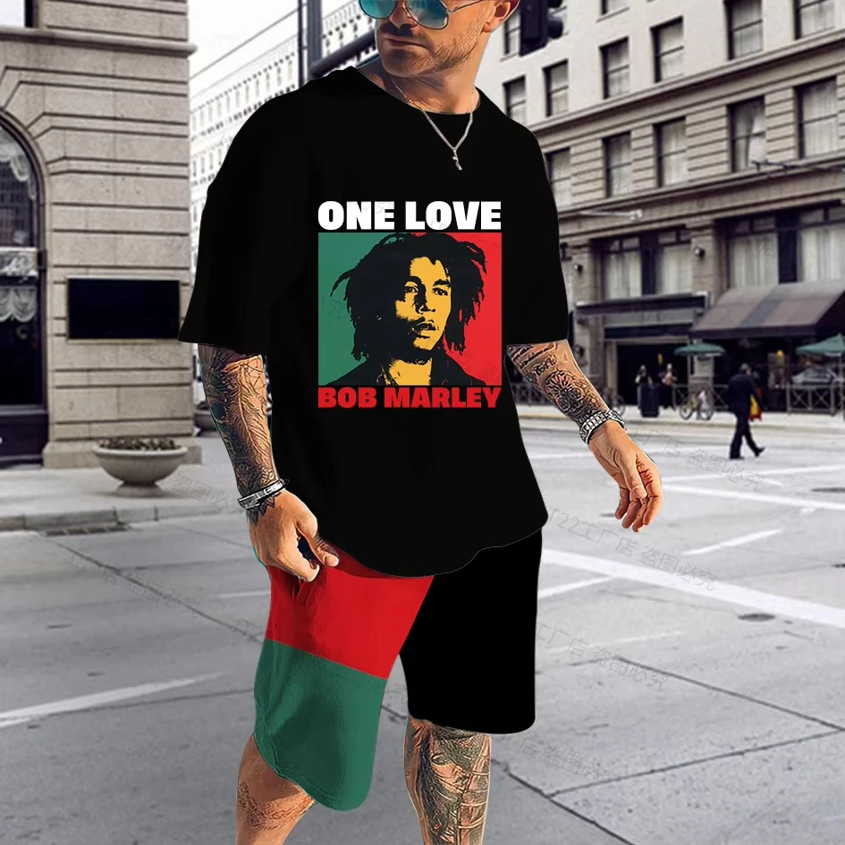 

Мужской спортивный костюм Bob Marley Reggae Music, футболка и шорты, летний повседневный костюм, комплект из 2 предметов, мужская уличная футболка большого размера