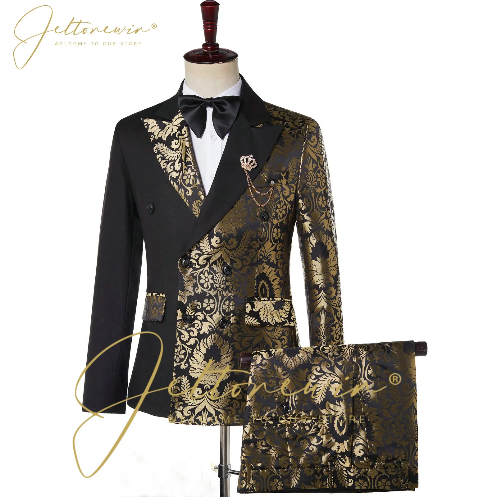 

Tailored Made Wedding Suit Men Black Gold Floral Double Breasted Groom Blazer Tuxedos Costume Homme Terno Masculino