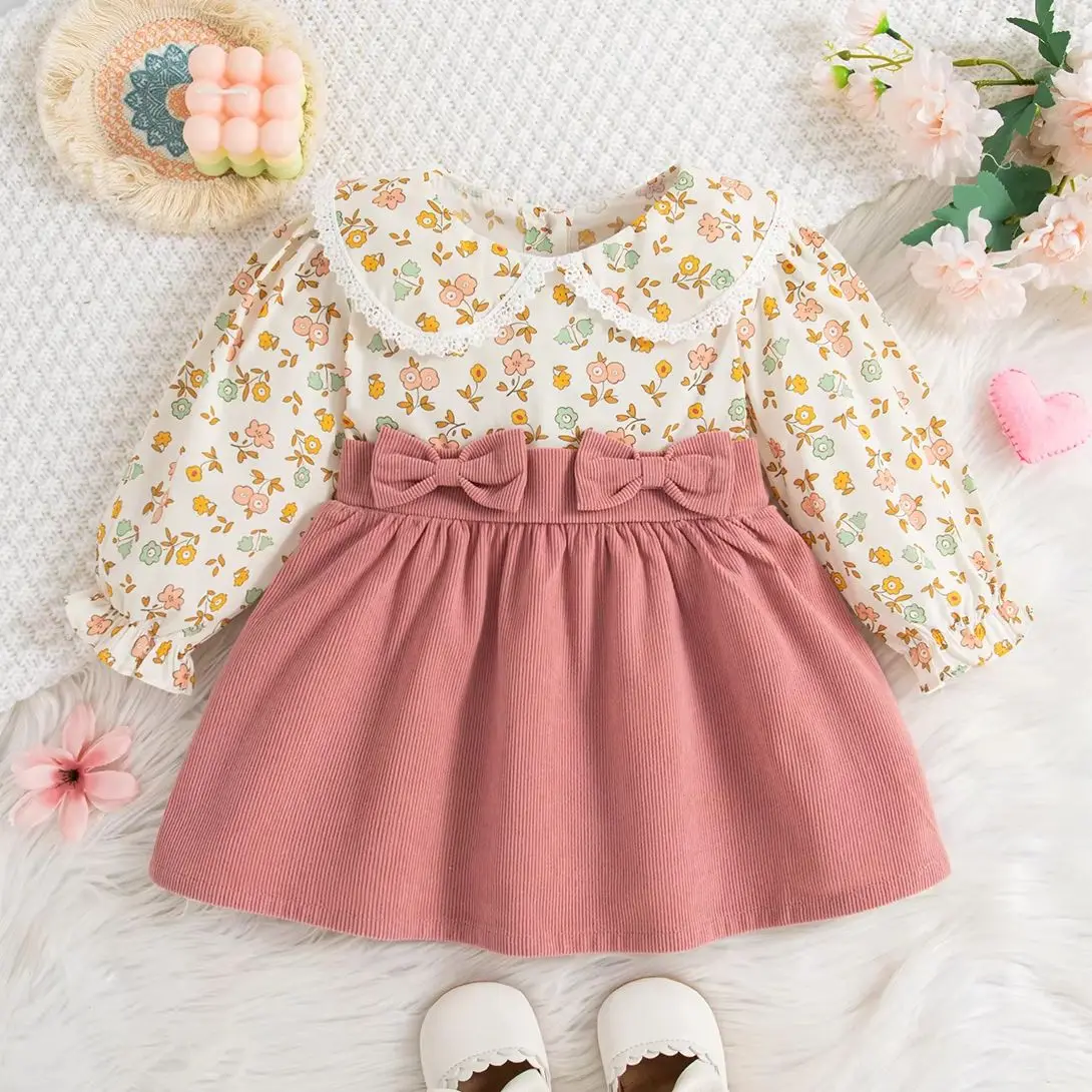 Toddler Girl Long Sleeved Dress Doll Collar Cute Flower Printed Bow Pink Dress for Girl Casual Playing