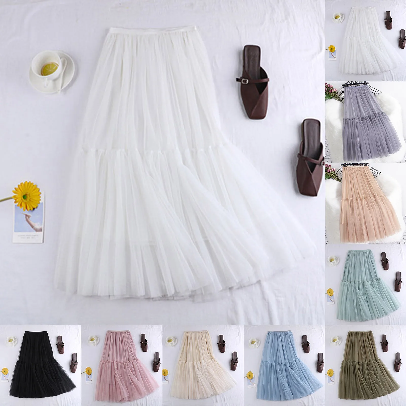 Elastic Waist 3 Layers Mesh Long Tulle Skirt Spring Autumn Elegant Vintage Carnival High Waist Ball Gown Gauze Mini Tutu Skirt