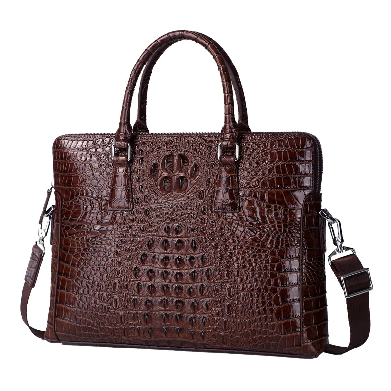 Men's Crocodile Print Double Zipper Briefcase Business Casual Top Cowhide Crossbody Bag