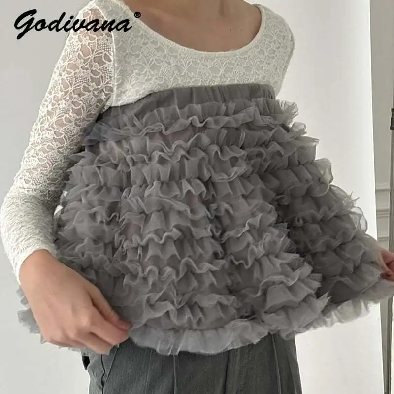 Japanese 2024 Autumn New Princess 2 Way Lace Skirt Girls Fairy Gauze Tube Top Pink Gray Women's Strapless Tops