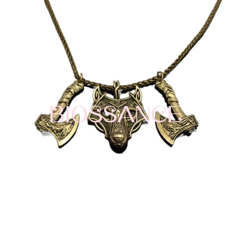 BIOSSANCE New Fashion And Exquisite Retro Nordic Viking Celtic Wolf Head Double Ax Pendant Necklace For Men And Women Jewelry