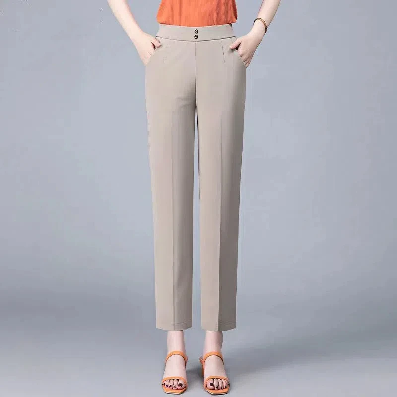 Spring Autumn Women's Solid Color Button Elastic High Waist Pockets Casual Trousers Straight Trouser Suits Comfortable Pants
