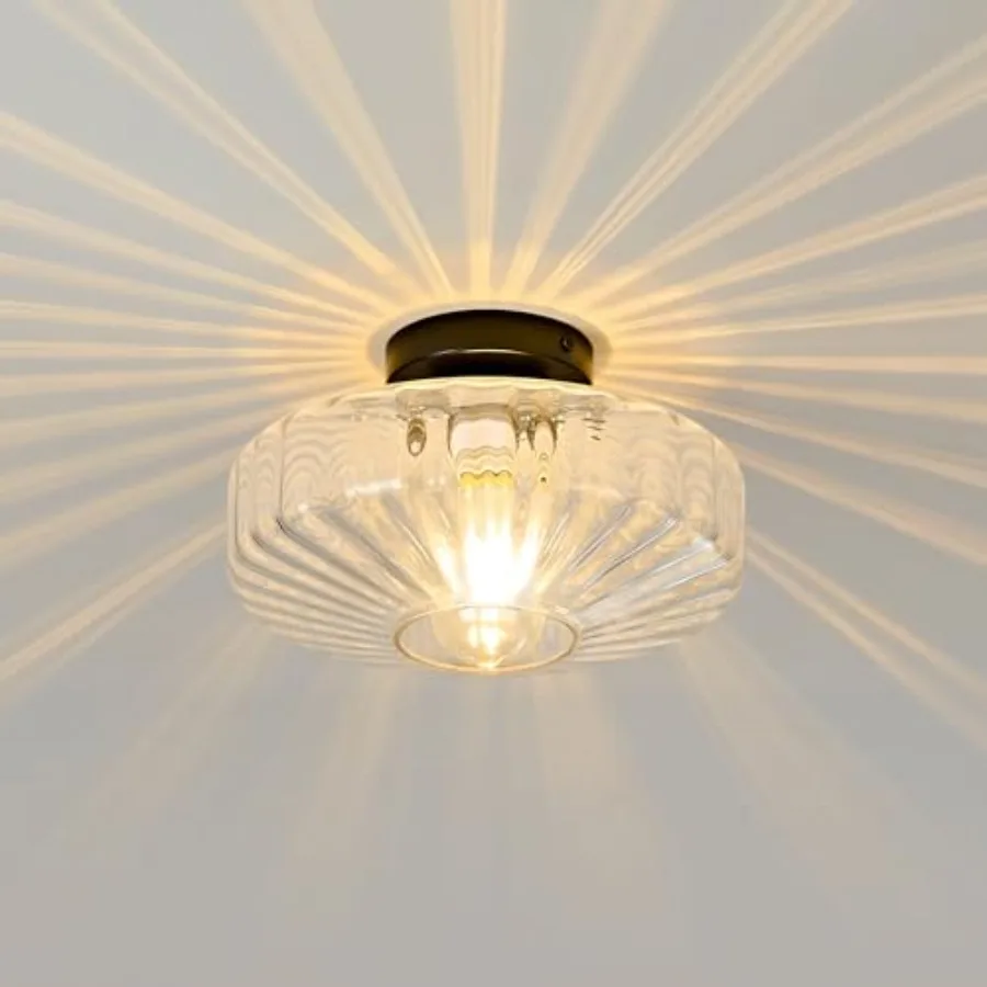 

Glass Semi Flush Ceiling Lights - 12 in Vintage Mid Century Modern Lighting Fixture - Black Drum Unique Art Deco Mount Light Fi