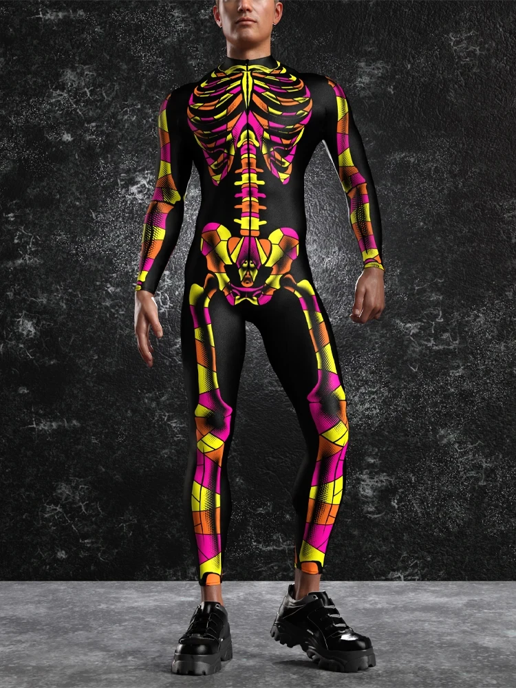 Halloween Skull Print Cosplay Jumpsuit Men Punk Bodysuit Horror Theme Party Zentai Suit Festival Rave Outfit Aerial Yoga Clothes