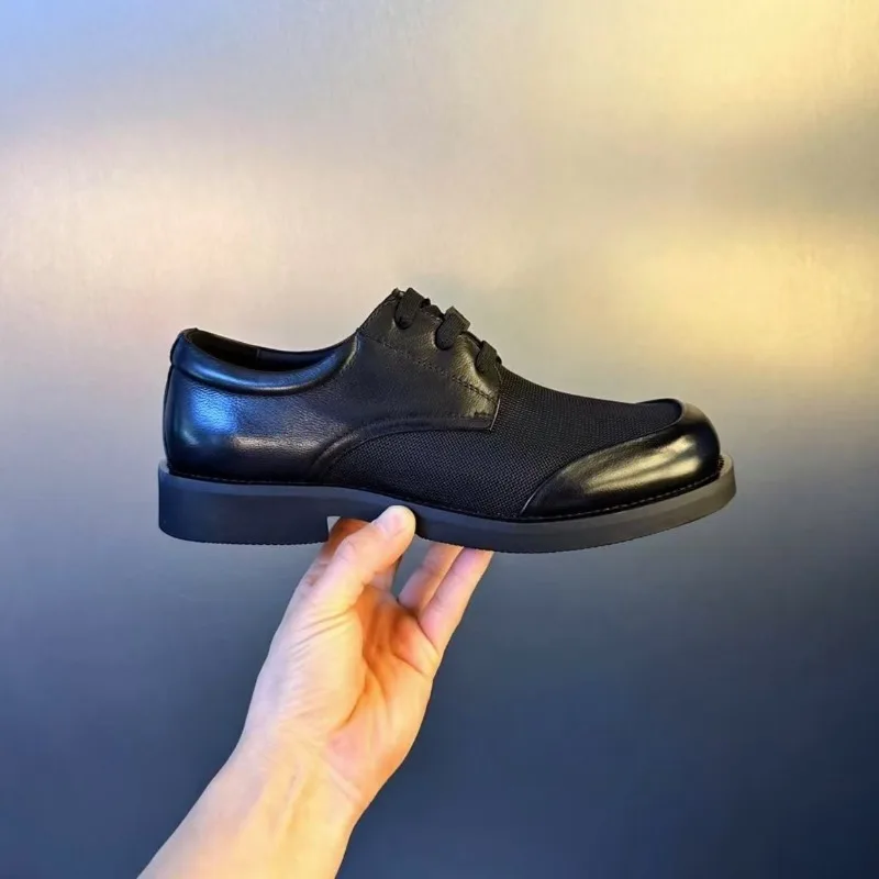 Men Leather Mesh Oxford Shoes 2026 Summer Round Toe Lace-up Soft Sole Breathable Business Casual Footwear Korean Style Black