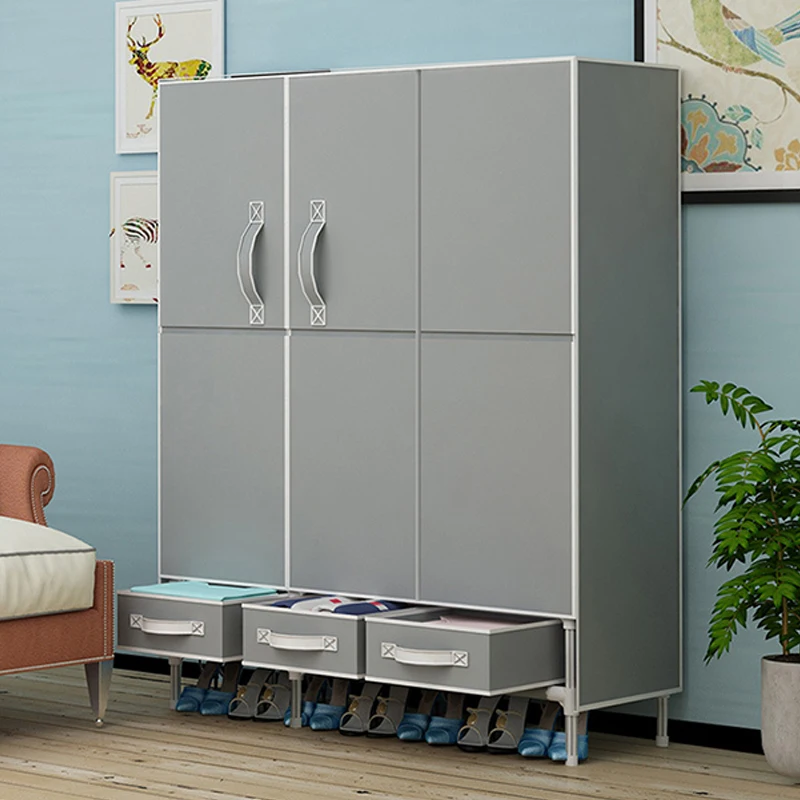Portable Wardrobe, Metal Garment Storage Rack with Magnetic Door Non-Woven Fabric Cover. Comes with 2 Clothes Hanging Rods, 3 Storage Cabinets and 3 Storage Bins. Simple & Easy to Assemble. Dimensions: 44" D  17.7" W  67.7" H (Grey)