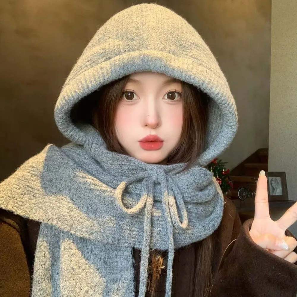 Koreanischer Winter-Stil: Balaclava-Mütze, einfarbig, dick gestrickt, Kapuzenschal-Kombination, gemütlicher Fleece, winddicht, integrierter Nackenwärmer – Detail 4