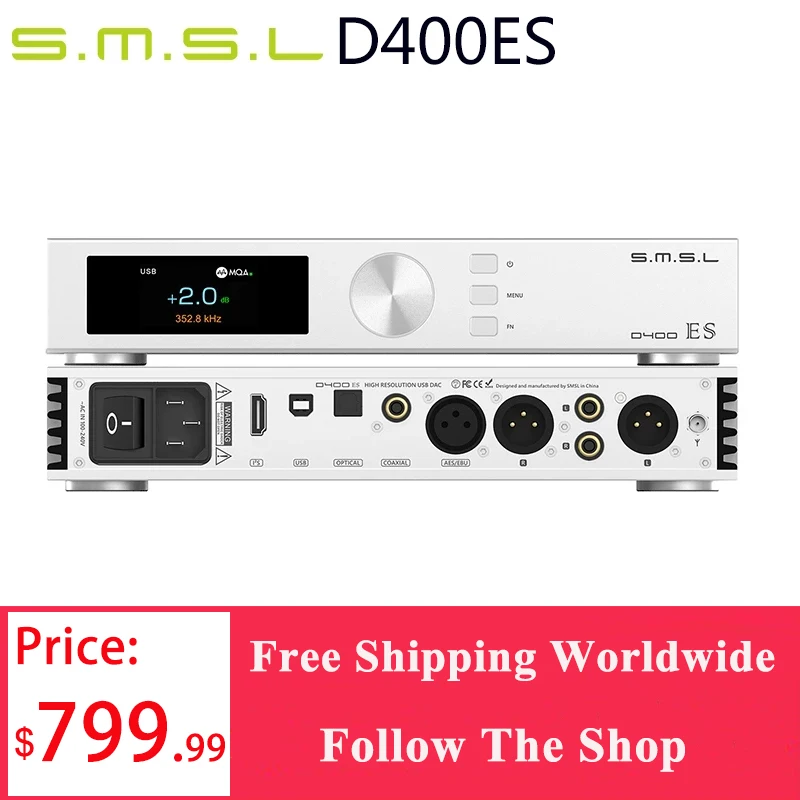 SMSL D400ES декодер MQA & MQA-CD DAC DSD512 ES9039MSPRO чип XMOS XU316 PCM 32bit/768kHz JAS HI-Res DAC