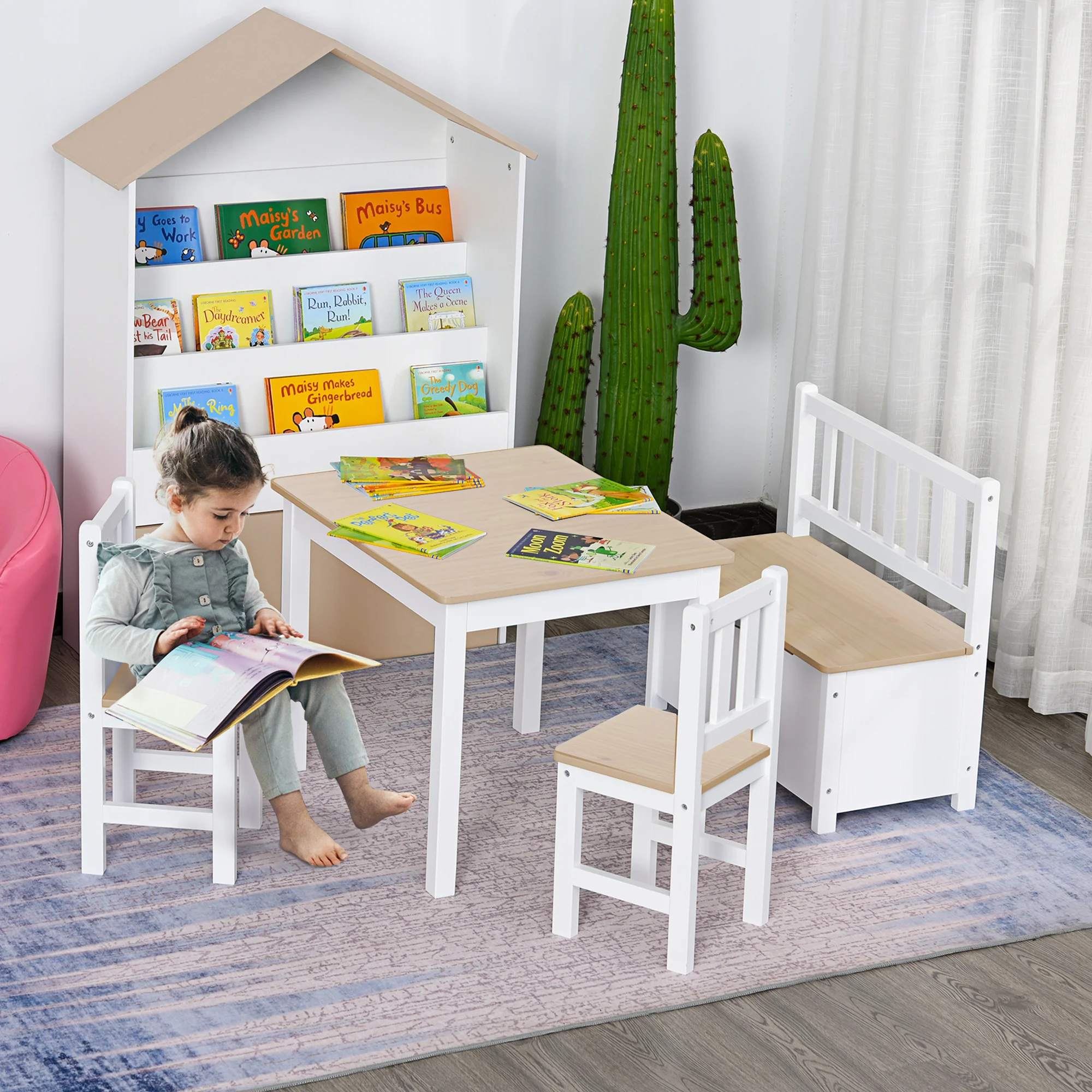 Qaba 4-Piece Kids Table Set with 2 Wooden Chairs, 1 Storage Bench, and Interesting Modern Design, Natural Wood