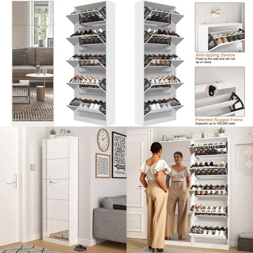 "خزانة تخزين الأحذية قائمة بذاتها مع مرآة كاملة الطول، تحمل 30 زوجًا و5 أدراج قابلة للطي، منظم أحذية نحيف" #1