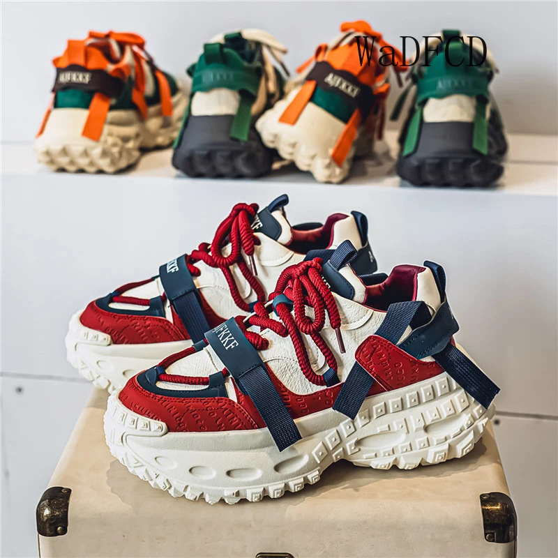 Chunky Sneakers Mens Designer Tire Sole Sport Shoes Fashion Casual Leather Fabric Breathable Height Increased Platform Gym Shoes