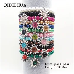 QIDIEHUA Fashion 6mm Glass Pearl Braceletl for Women Edelweiss Pendant Bracelets Multicolor Trend Gift Jewelry Wholesale