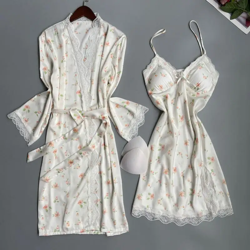 Print Nighty&Robe Set Summer New Bathrobe Gown Women Lace Kimono Sleepwear Casual Silky Satin Nightgown Home Dress Lounge Wear