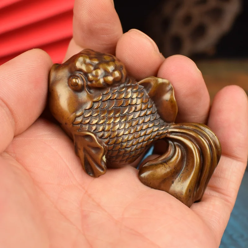 Solid Brass and Copper Goldfish Hand-Held Ornament, Full of Gold and Jade, a Good Luck Charm for Continuous Prosperity