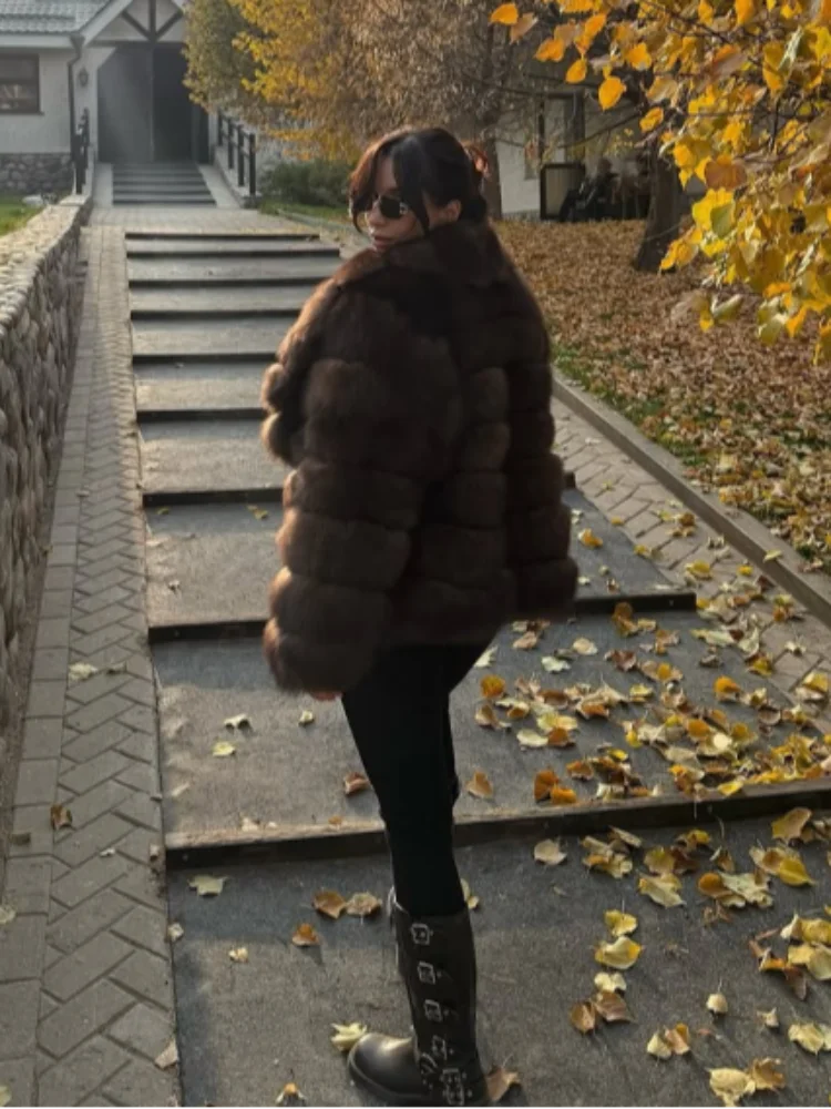 Luksusowy płaszcz ze sztucznego futra damski brązowy gruby długi rękaw kołnierz wykładany luźna kurtka damska 2025 zimowy elegancki ciepły płaszcz wierzchni