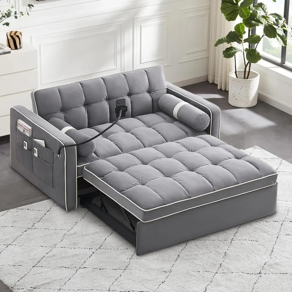 

Upgraded Sleeper Sofa Couch Bed with Phone Holder, 3 in 1 Small Modern Convertible Velvet Loveseat Futon Sofa w/Pullout Bed, Ad