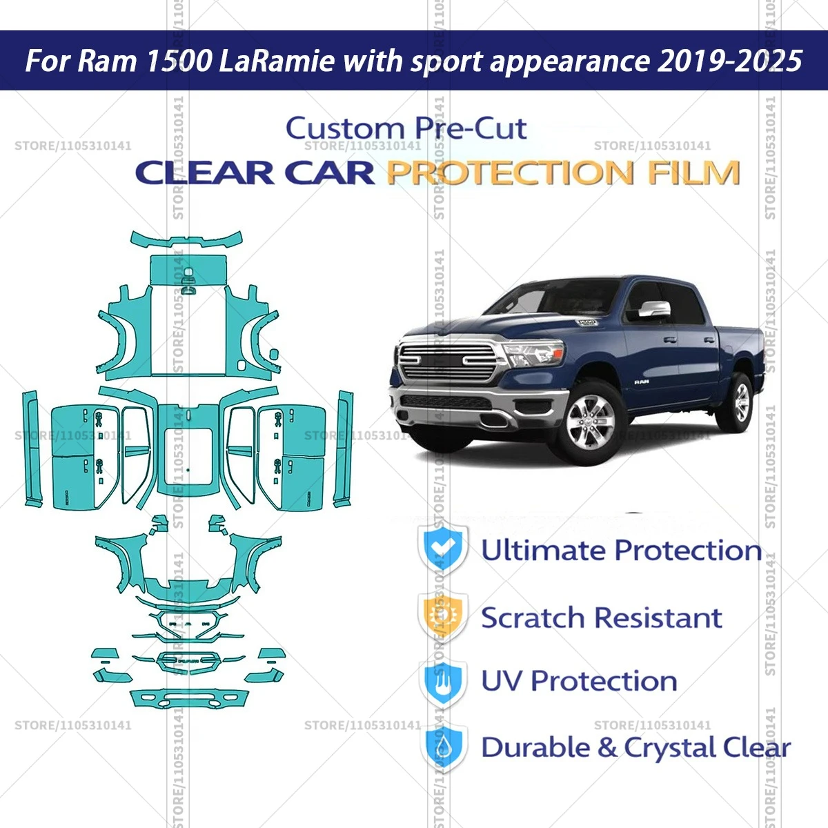 

Защитная пленка PPF прозрачная для Ram-1500-LaRamie (2019-2025) с спортивным дизайном, предварительно вырезанная, автомобильная пленка PPF