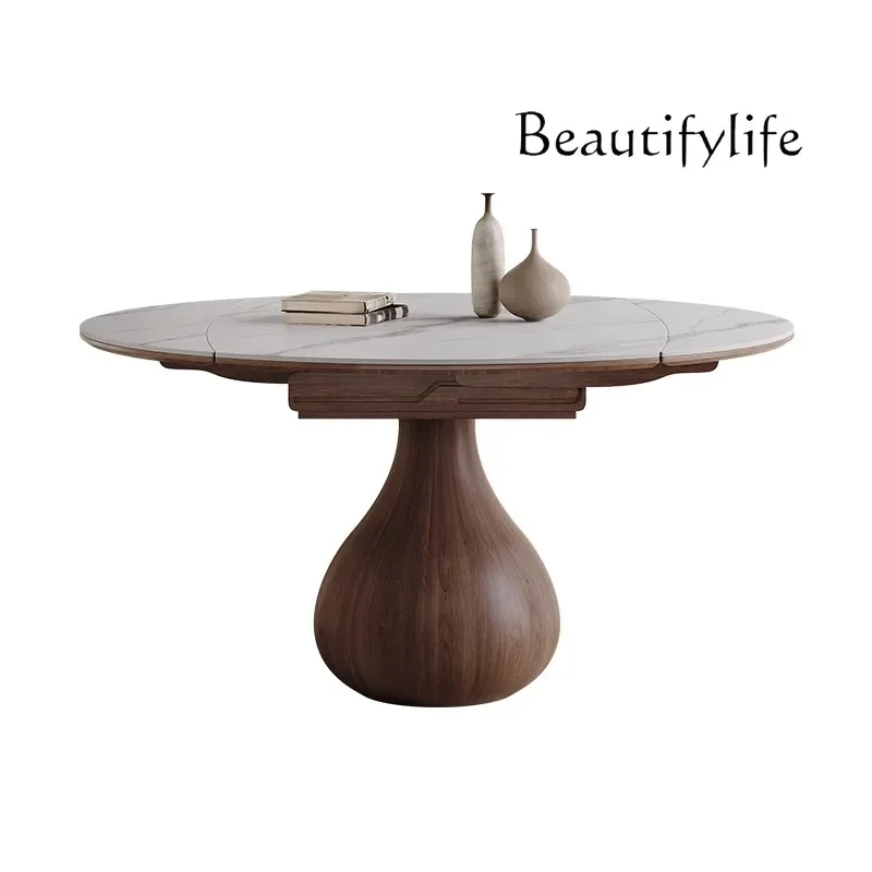 French retro solid wood round modern simple small apartment medieval new rock slab dining table retractable