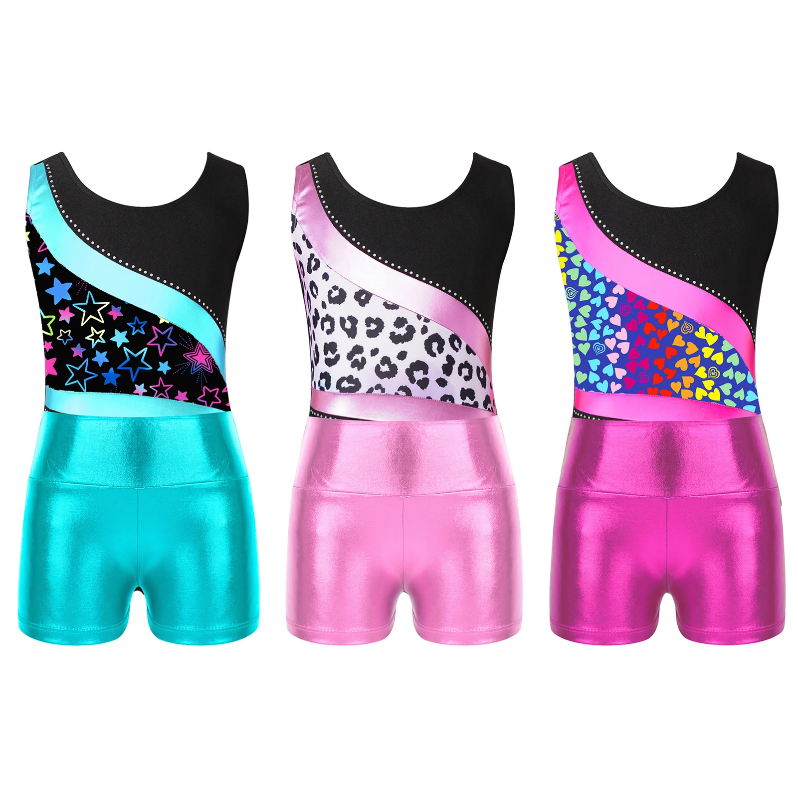 Children Ballet Dance Outfits Kids Girls Sleeveless Printed Gymnastics Leotard with Shorts for Workout Skating Bodysuits Unitard