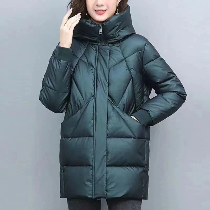 Jaqueta de inverno de comprimento médio feminina, casaco de algodão com capuz, Parkas elegantes, jaqueta acolchoada, grossa, outwear vintage, 2025