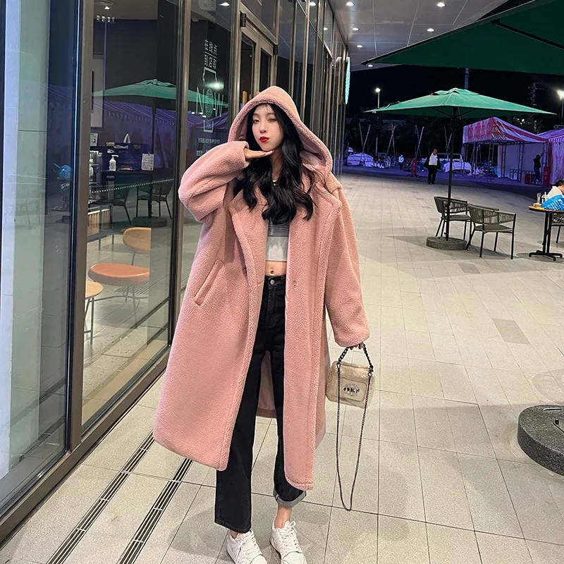 Double Breasted Hooded Faux Fur Long Coat Women Winter Plush Jacket Long Sleeve Warm Artificial Fluffy Coat Streetwear Overcoat