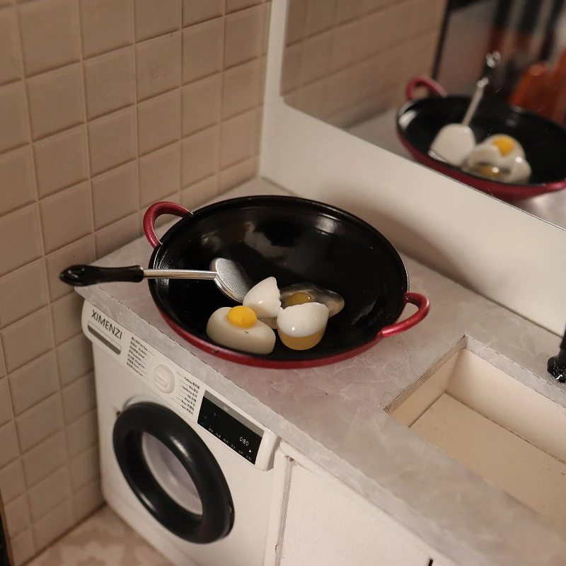 1:12 Casa delle bambole Simulazione Spatola per uova Set di padelle Casa delle bambole in miniatura Accessori per pentole da cucina Casa delle bambole Giocattoli alimentari
