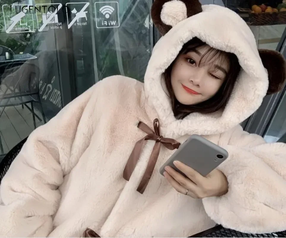 Women Plush Hooded Bear Ears Sweatshirts Cute New Coat Autumn Winter Girt Lace-up Cardigan Loose Solid Clothing