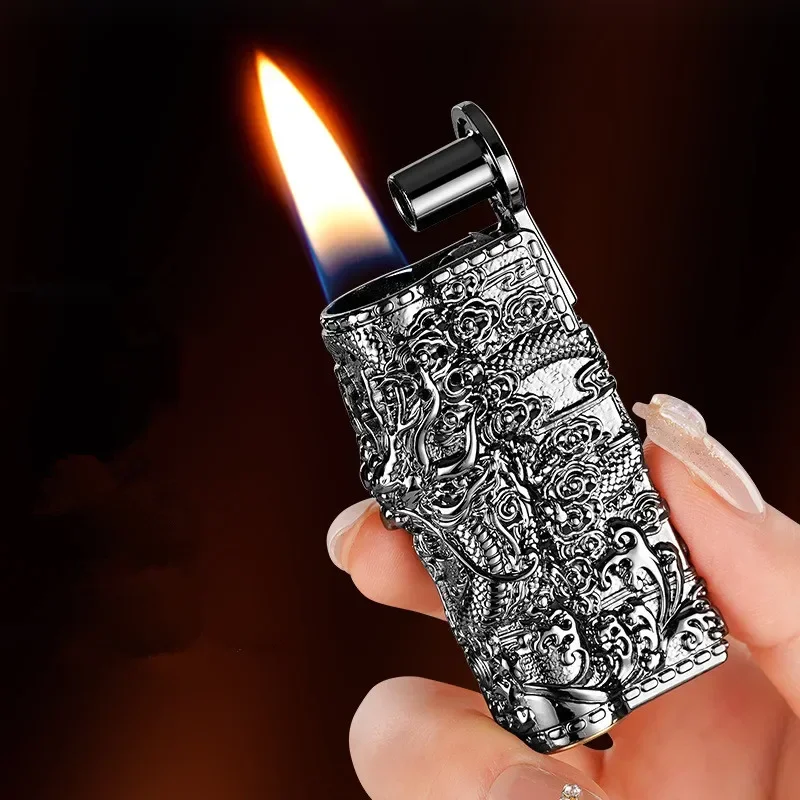 New Retro Shenlong Kerosene Windproof Grinding Wheel Lighter with Creative Four Sided Three-dimensional Relief Retro Lighter