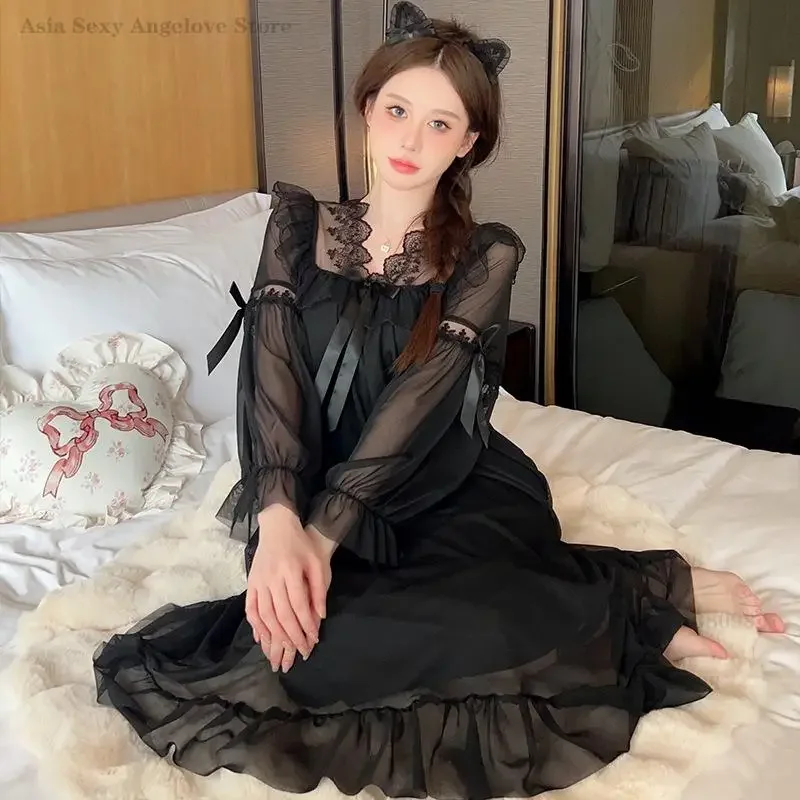 Long Sleeved Mesh Princess Nightdress Spring Summer V-Neck Lace Nightgown Loose Casual Home Dress Palace Style Sweet Sleepwear 6