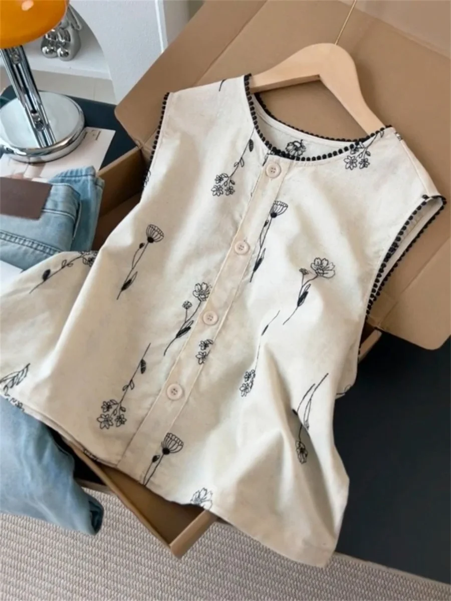 Retro Geborduurde Bloem Ronde Ne Vest Irt Loose Fit Svel Dames Zomer Faionable Casual Sle Thermische Irt