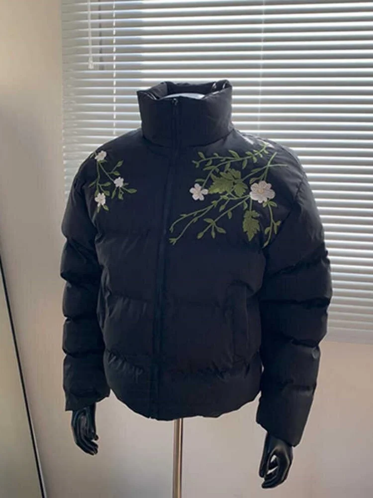 

Утепленная хлопковая куртка с цветочной вышивкой для мужчин и женщин, с воротником-стойкой, зимняя теплая повседневная верхняя одежда из полиэфирного волокна