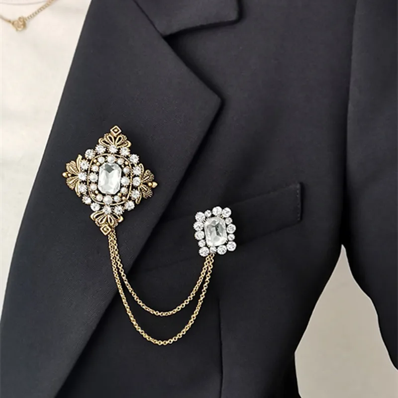 Fashion Tassel Diamond Square Chain Brooch Men\'s Shirt Collar Pins and Brooches Personality Lapel Pin Buckle Women Accessories