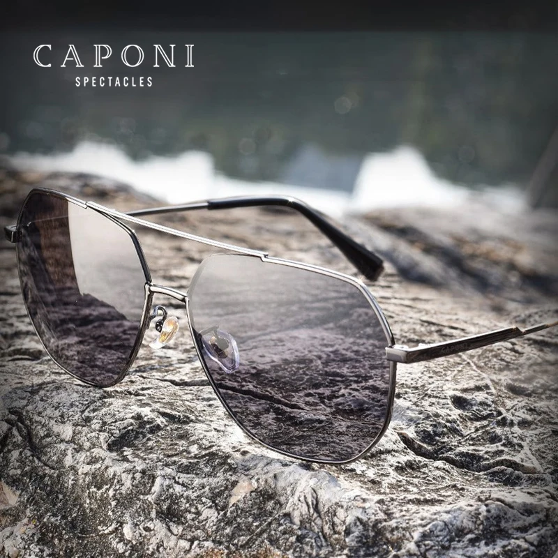 CAPONI Polarized Men Sunglasses Outdoor Photochromic Square Driving Gun Sun Glasses UV400 Protect Classic Brand Shades BS8278