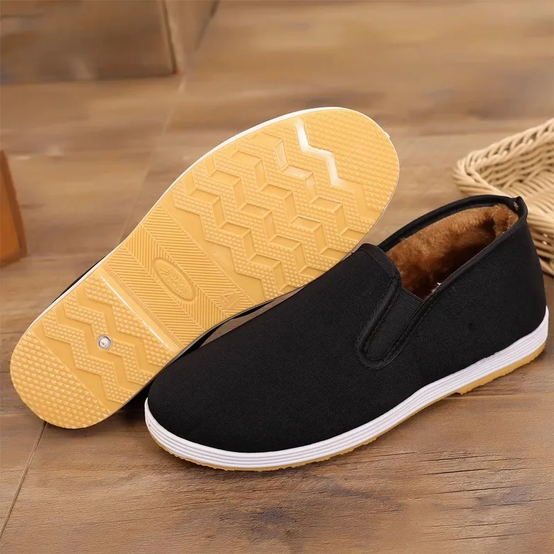 Men's Beijing Cotton Shoes with Fleece  Multi-Layered Rubber Sole Slip-On Warmth Casual Canvas Shoes for Middle-Aged An...