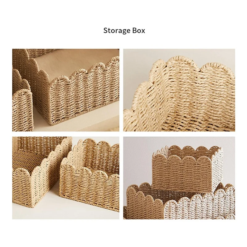 

1 PCS Scalloped Edge Basket, Wicker Storage Baskets, Paper+Metal Handwoven Organizing Baskets For Shelves, Paper Rope Design