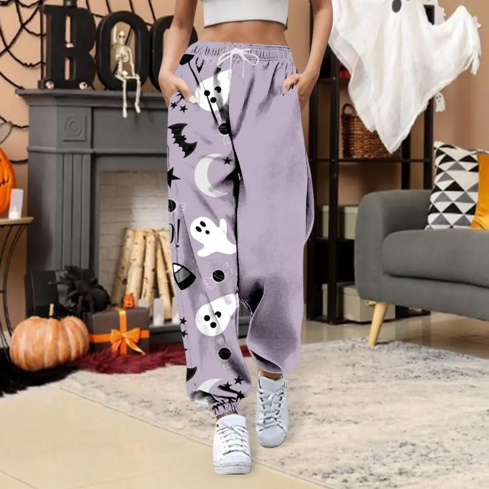 Adjustable Drawstring Sweatpants Halloween Pumpkin Print Women's Sweatpants with High Waist Adjustable Drawstring for Fitness